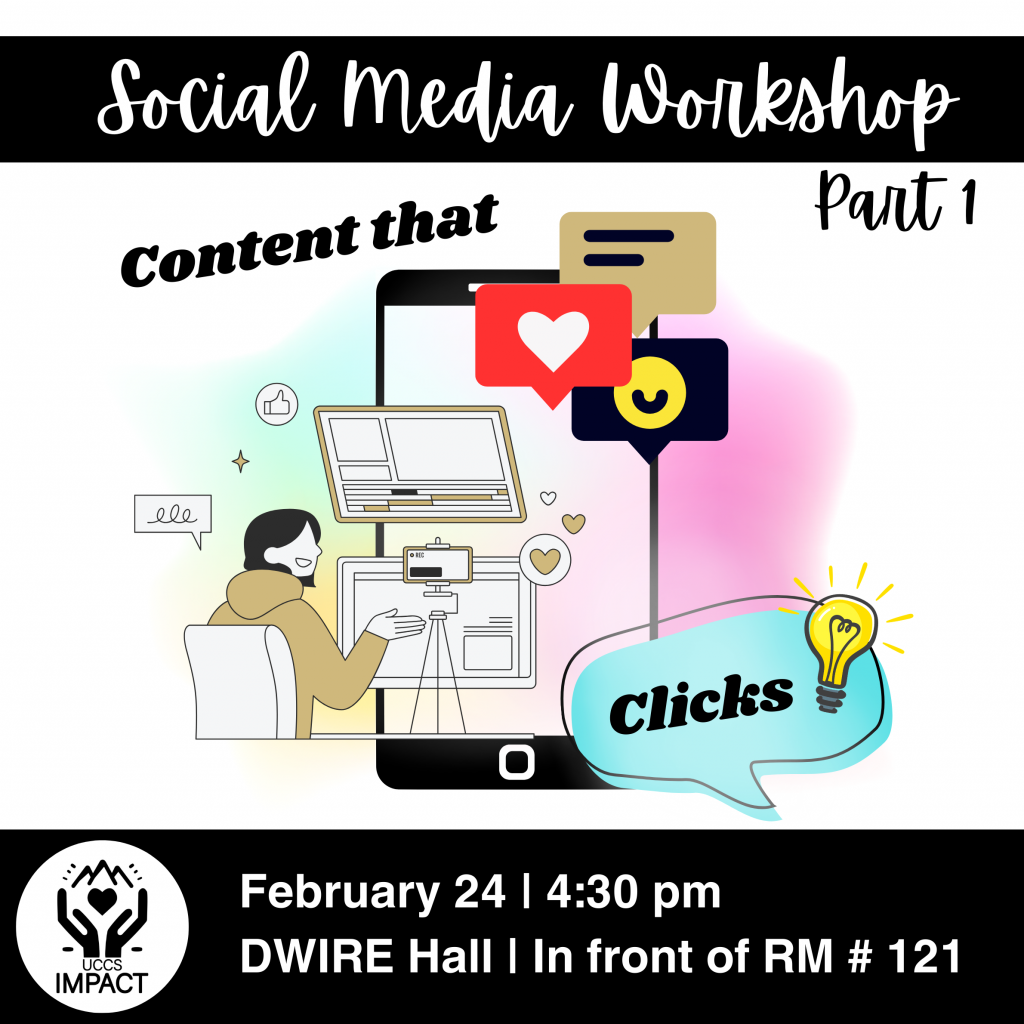 Social Media Workshop Part 1 with imc! Learn how to analyze social media metrics and brainstorm posts! At DWIRE Hall in front of room #121 at 4:30pm on February 24th.