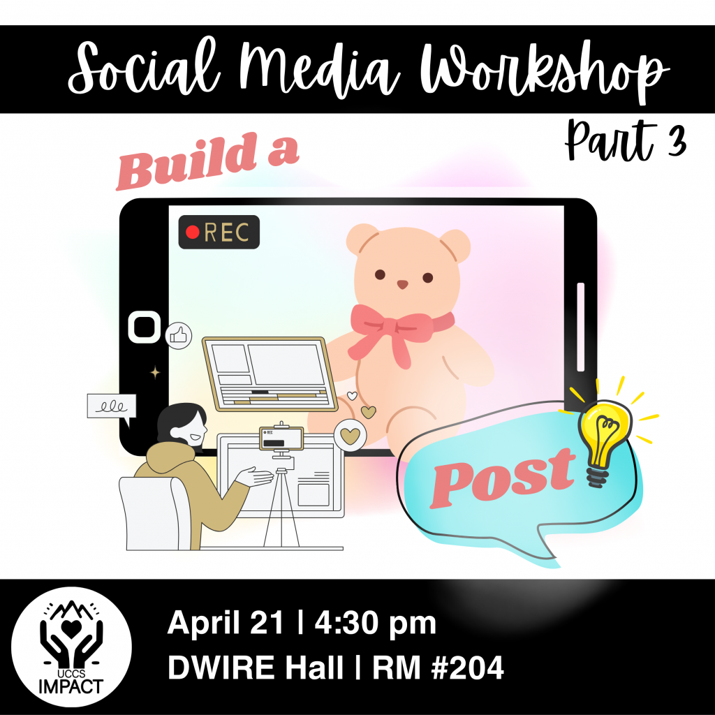 Join IMC for Build-a-Post, a part 3 addition to our social media workshop on April 21st at 4:30pm at DWIRE Hall room 204.